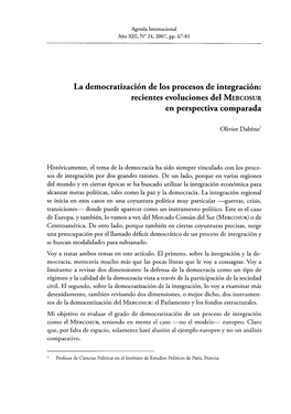 La Democratización De Los Procesos De Integración: Recientes Evoluciones Del MERCOSUR En Perspectiva Comparada