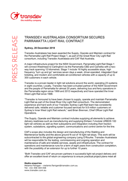 Transdev Australasia Consortium Secures Parramatta Light Rail Contract