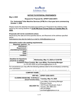 NOTICE to POTENTIAL PROPONENTS May 4, 2020 Request for Proposal No