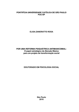 Pontifícia Universidade Católica De São Paulo Puc-Sp Elisa Zaneratto Rosa Por Uma Reforma Psiquiátrica Antimanicomial: O