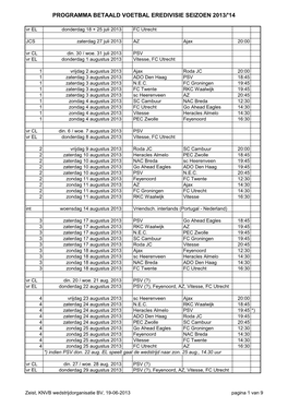 Programma Betaald Voetbal Eredivisie Seizoen 2013/'14