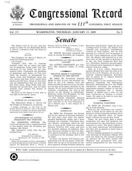 Congressional Record United States Th of America PROCEEDINGS and DEBATES of the 111 CONGRESS, FIRST SESSION