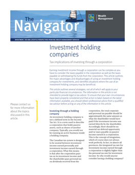 Investment Holding Companies Tax Implications of Investing Through a Corporation