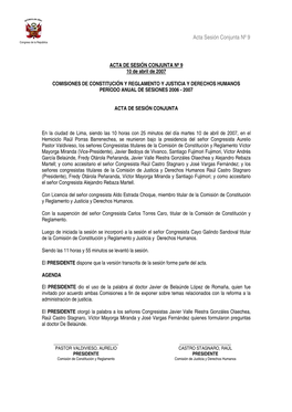 Acta Sesión Conjunta Nº 9 Congreso De La República