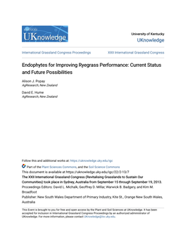 Endophytes for Improving Ryegrass Performance: Current Status and Future Possibilities