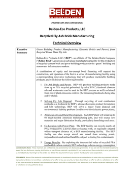 Belden‐Eco Products, LLC Recycled Fly Ash Brick Manufacturing Technical Overview