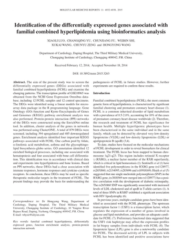 Identification of the Differentially Expressed Genes Associated with Familial Combined Hyperlipidemia Using Bioinformatics Analysis