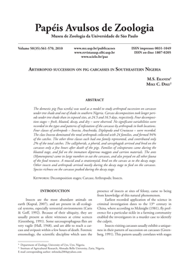 Arthropod Succession on Pig Carcasses in Southeastern Nigeria