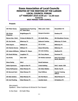 MINUTES of the MEETING of the LARGER LOCAL COUNCIL FORUM 13Th FEBRUARY 2018 10.00 Am – 12.30 Noon Hosted by WEST MERSEA TOWN COUNCIL