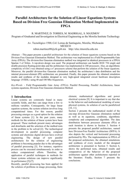 Parallel Architecture for the Solution of Linear Equations Systems Based on Division Free Gaussian Elimination Method Implemented in FPGA