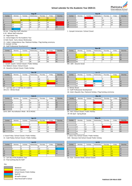 School Calendar for the Academic Year 2020-21