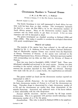 Chromosome Numbers in Transvaal Grasses J. M. J. De Wet and L. J. Anderson Divisionof Botany,P