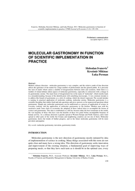 Molecular Gastronomy in Function of Scientific Implementation in Practice