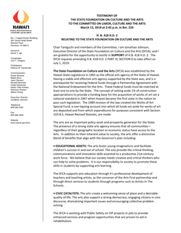 TESTIMONY of the STATE FOUNDATION on CULTURE and the ARTS to the COMMITTEE on LABOR, CULTURE and the ARTS March 12, 2019 at 2:45 P.M