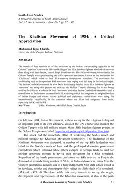 The Khalistan Movement of 1984: a Critical Appreciation