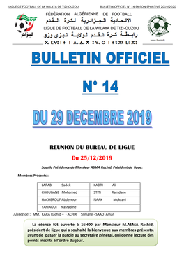REUNION DU BUREAU DE LIGUE Du 25/12/2019