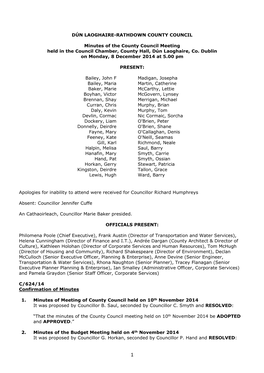 DÚN LAOGHAIRE-RATHDOWN COUNTY COUNCIL Minutes of the County Council Meeting Held in the Council Chamber, County Hall, Dún Laog