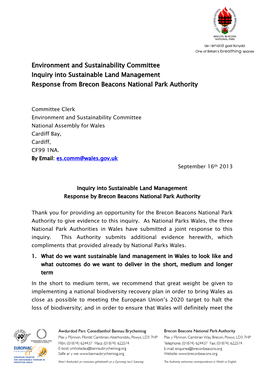 Environment and Sustainability Committee Inquiry Into Sustainable Land Management Response from Brecon Beacons National Park Authority