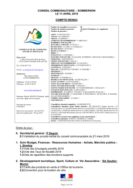 Compte-Rendu Du Conseil Communautaire Du 11 Avril 2019 À Sombernon