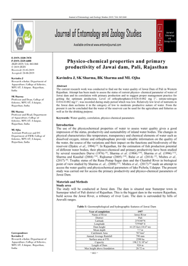 Physico-Chemical Properties and Primary Productivity of Jawai Dam