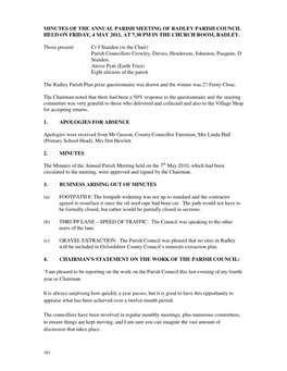 Radley Parish Council Held on Friday, 4 May 2011, at 7.30 Pm in the Church Room, Radley