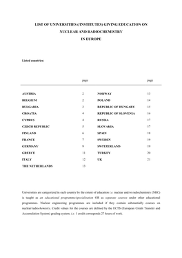 List of Universities Giving Education on Nuclear / Radiochemistry in Europe