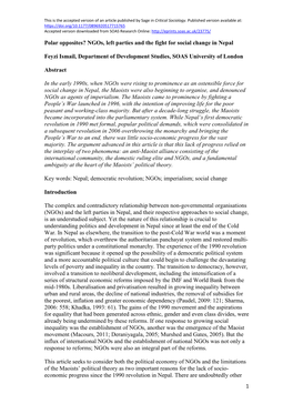 1 Polar Opposites? Ngos, Left Parties and the Fight for Social Change in Nepal Feyzi Ismail, Department of Development Studies