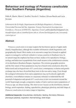 Behaviour and Ecology of Pomacea Canaliculata from Southern Pampas (Argentina)