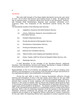 6 Secretariat the Total Staff Strength of the Rajya Sabha Secretariat During the Year Stood at 1247, out of Which 346 Persons We