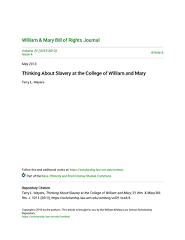 Thinking About Slavery at the College of William and Mary