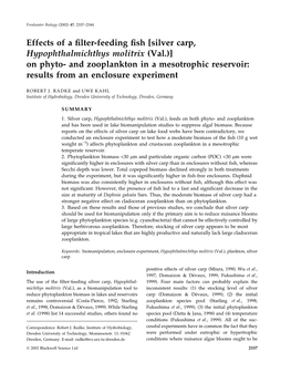 Effects of a Filter-Feeding Fish [Silver Carp, Hypophthalmichthys Molitrix