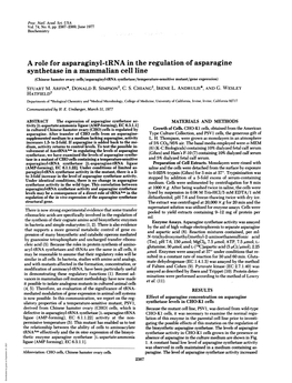 A Role for Asparaginyl-Trna in the Regulation of Asparagine Synthetase in a Mammalian Cell Line