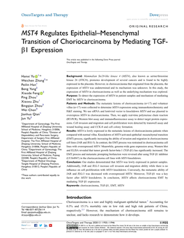 MST4 Regulates Epithelial–Mesenchymal Transition of Choriocarcinoma by Mediating TGF- Β1 Expression