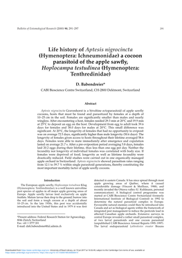 Life History of Aptesis Nigrocincta (Hymenoptera: Ichneumonidae) a Cocoon Parasitoid of the Apple Sawﬂy, Hoplocampa Testudinea (Hymenoptera: Tenthredinidae)