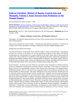 Kolb on Christian, 'History of Russia, Central Asia and Mongolia, Volume I: Inner Eurasia from Prehistory to the Mongol Empire'