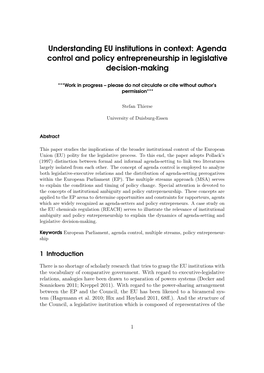 Agenda Control and Policy Entrepreneurship in Legislative Decision-Making