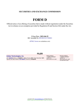 Ardian Technologies, Inc. Form D Filed 2021-06-22