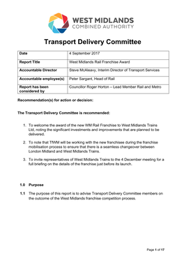 West Midlands Rail Franchise Award PDF 293 KB