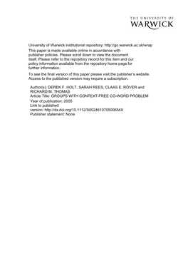 GROUPS with CONTEXT-FREE CO-WORD PROBLEM Year of Publication: 2005 Link to Published Version: Publisher Statement: None