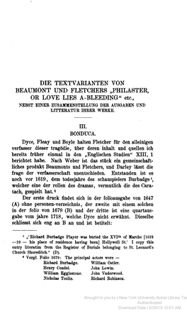 DIE TEXTVARIANTEN VON BEAUMONT UND FLETCHERS „PHILASTER, OR LOVE LIES -BLEEDING" Etc., NEBST EINER ZUSAMMENSTELLUNG DEE AUSGABEN UND LITTERATUR IHRER WERKE