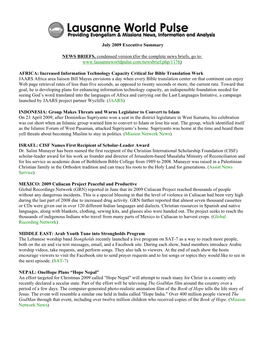 July 2009 Executive Summary NEWS BRIEFS, Condensed Version (For The