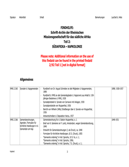 Schrift-Archiv Der Rheinischen Missionsgesellschaft Für Das Südliche Afrika Teil 2: SÜDAFRIKA – KAPKOLONIE