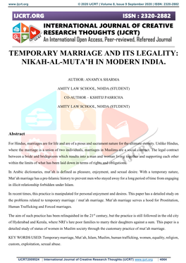 Temporary Marriage and Its Legality: Nikah-Al-Muta'h in Modern India