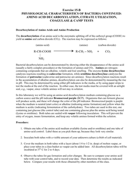 Exercise 15-B PHYSIOLOGICAL CHARACTERISTICS of BACTERIA CONTINUED: AMINO ACID DECARBOXYLATION, CITRATE UTILIZATION, COAGULASE &