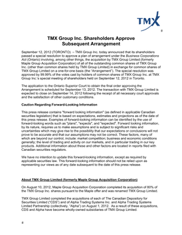TMX Group Inc. Shareholders Approve Subsequent Arrangement