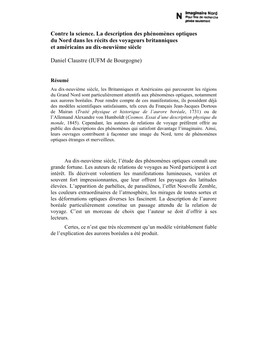 Contre La Science. La Description Des Phénomènes Optiques Du Nord Dans Les Récits Des Voyageurs Britanniques Et Américains Au Dix-Neuvième Siècle