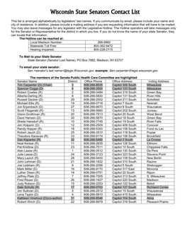Wisconsin State Senators Contact List