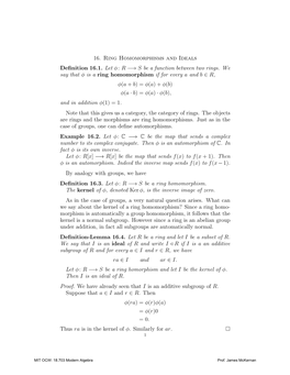 Ring Homomorphisms and Ideals Deﬁnition 16.1