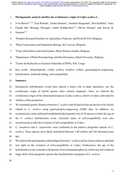 Phylogenomic Analysis Clarifies the Evolutionary Origin of Coffea Arabica L. Yves Bawin1,2,3,4, Tom Ruttink1, Ariane Staelens1