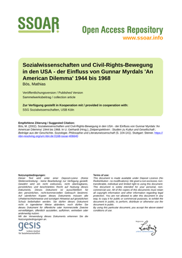 Sozialwissenschaften Und Civil-Rights-Bewegung in Den USA - Der Einfluss Von Gunnar Myrdals 'An American Dilemma' 1944 Bis 1968 Bös, Mathias